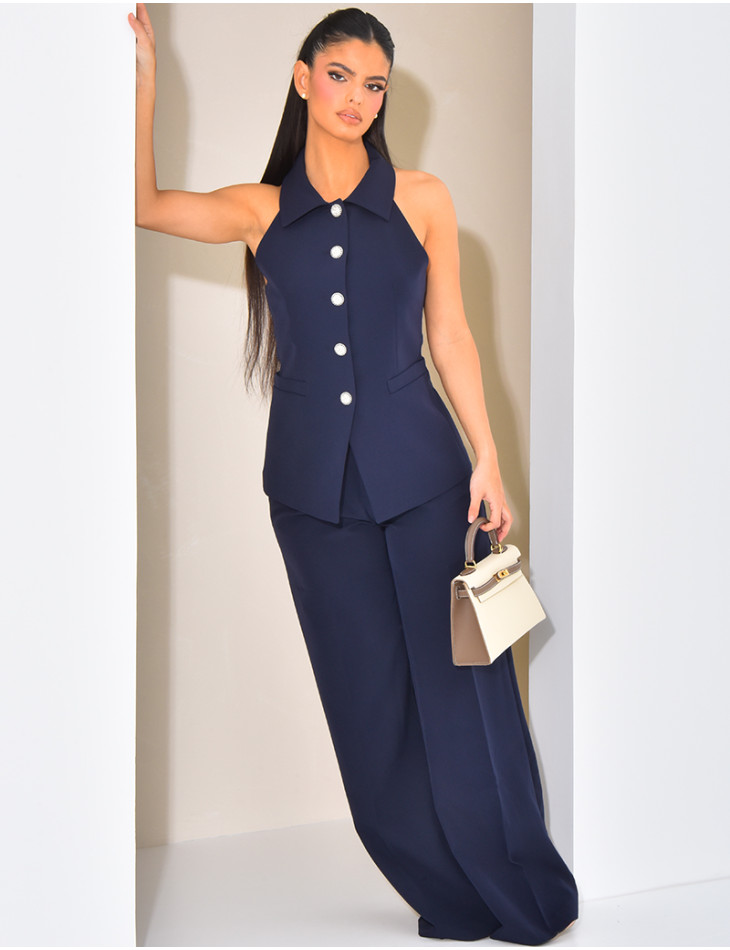 Blouse sans manche à boutons argentés