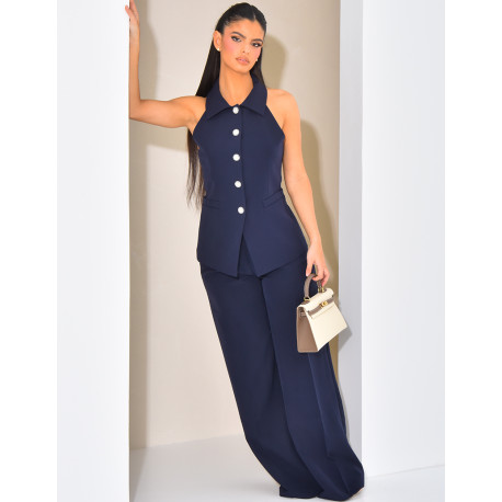 Blouse sans manche à boutons argentés