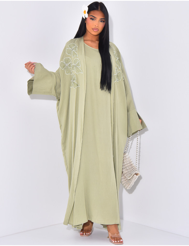 Sleeveless dress and embroidered linen kimono set