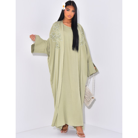 Sleeveless dress and embroidered linen kimono set