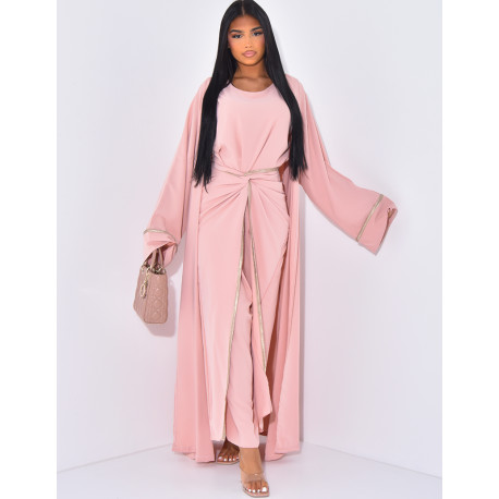 Sleeveless dress with gold trim and long kimono