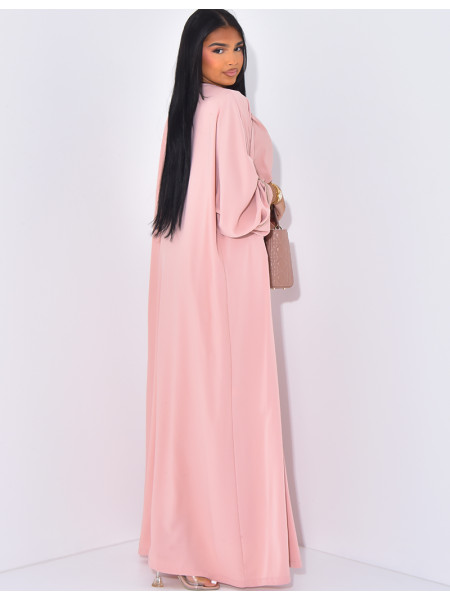 Sleeveless dress with gold trim and long kimono
