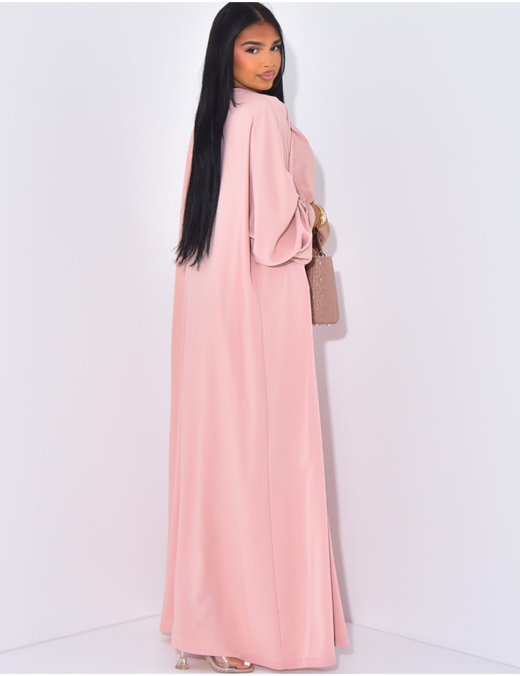 Sleeveless dress with gold trim and long kimono