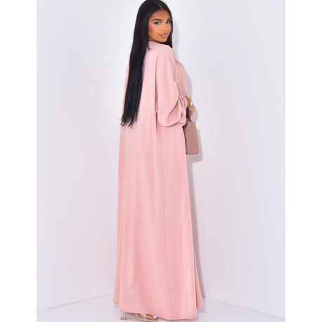 Sleeveless dress with gold trim and long kimono