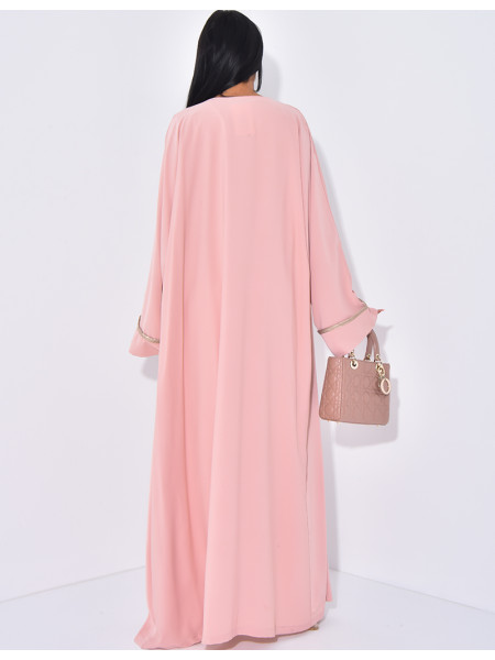 Sleeveless dress with gold trim and long kimono