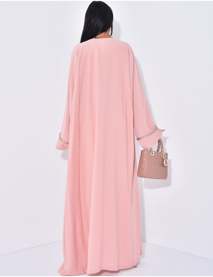 Sleeveless dress with gold trim and long kimono