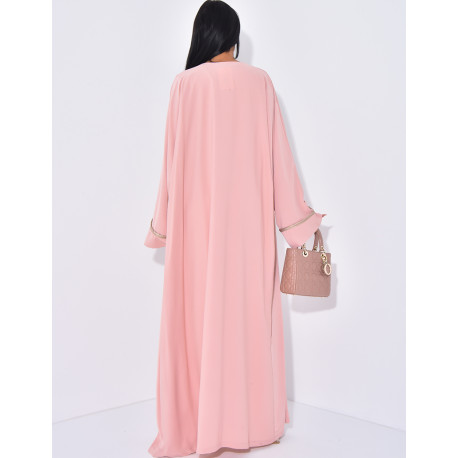Sleeveless dress with gold trim and long kimono