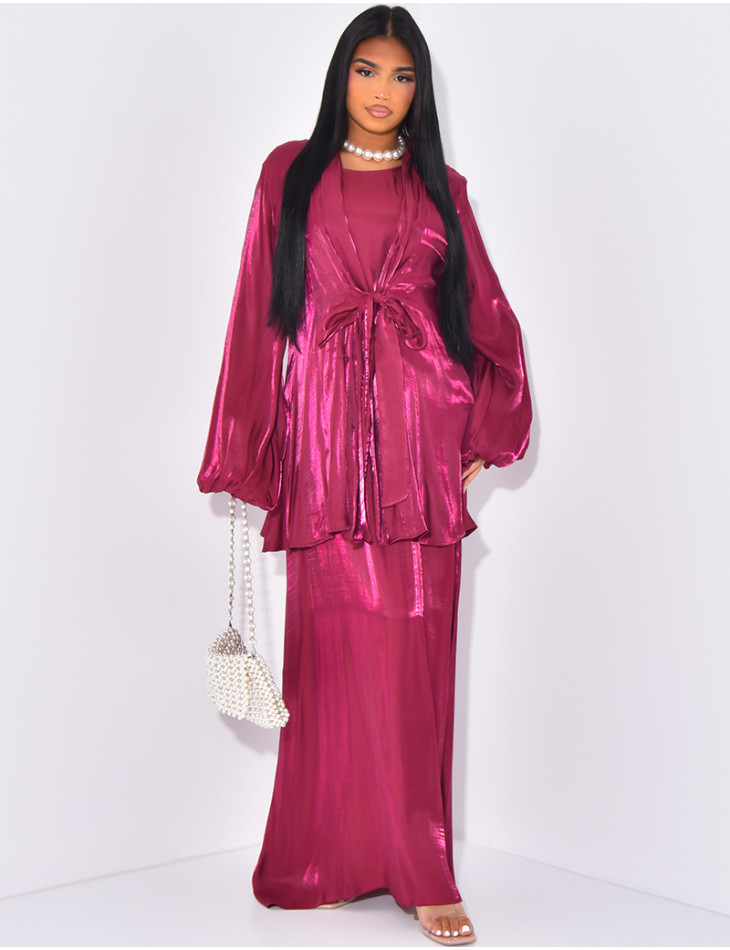Ensemble robe sans manche et kimono mi-long en satin irisée