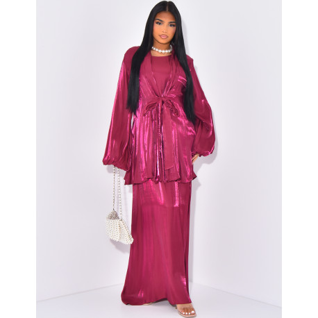 Ensemble robe sans manche et kimono mi-long en satin irisée