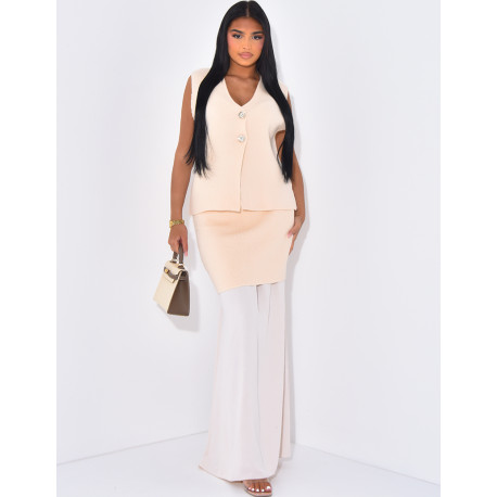 Ensemble jupe longue à doublure voile et gilet sans manche à boutons dorés