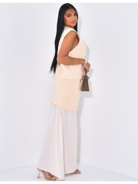 Ensemble jupe longue à doublure voile et gilet sans manche à boutons dorés