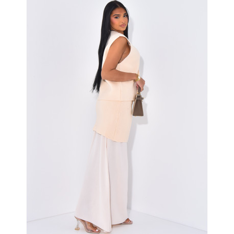 Ensemble jupe longue à doublure voile et gilet sans manche à boutons dorés