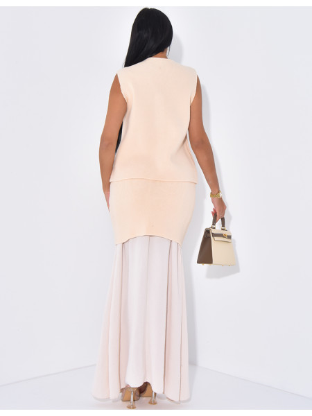 Ensemble jupe longue à doublure voile et gilet sans manche à boutons dorés