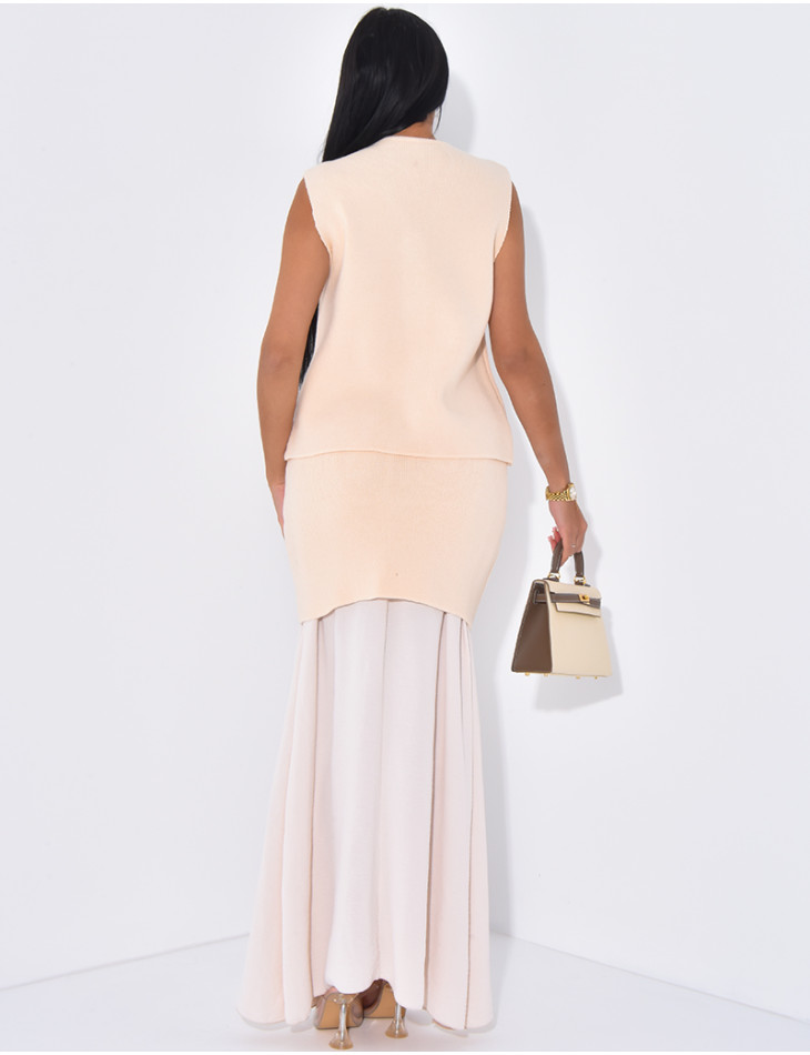 Ensemble jupe longue à doublure voile et gilet sans manche à boutons dorés