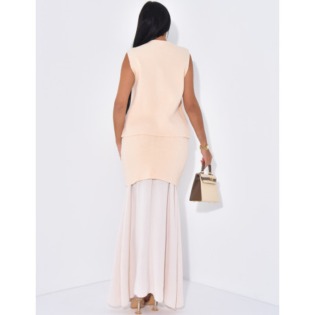 Ensemble jupe longue à doublure voile et gilet sans manche à boutons dorés