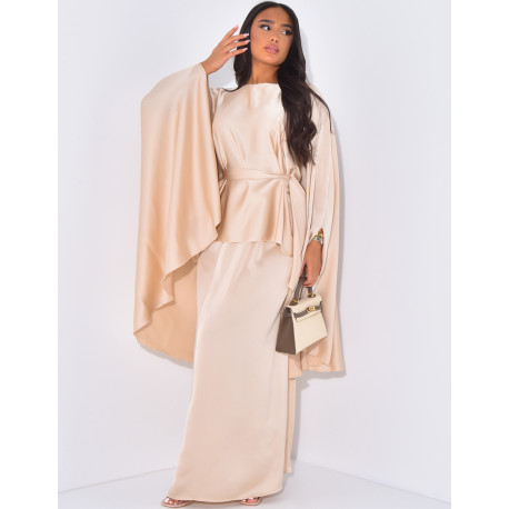 Long skirt and tunic set with satin cape to tie