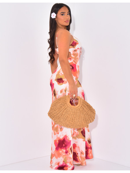 Printed satin long dress with tie