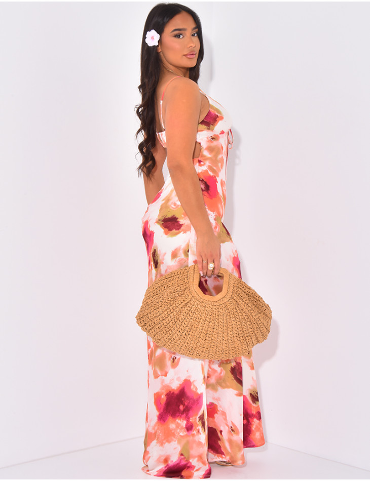 Printed satin long dress with tie