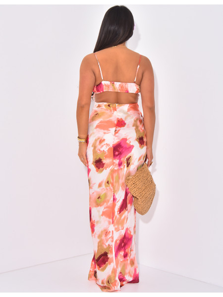 Printed satin long dress with tie