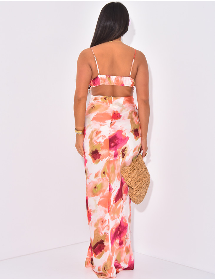 Printed satin long dress with tie
