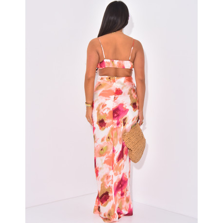 Printed satin long dress with tie