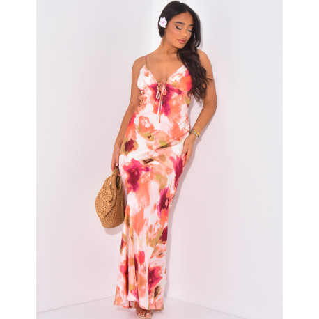 Printed satin long dress with tie