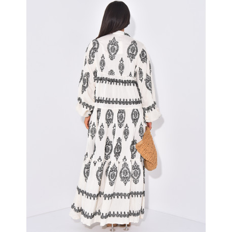 Robe longue en coton à motifs brodés