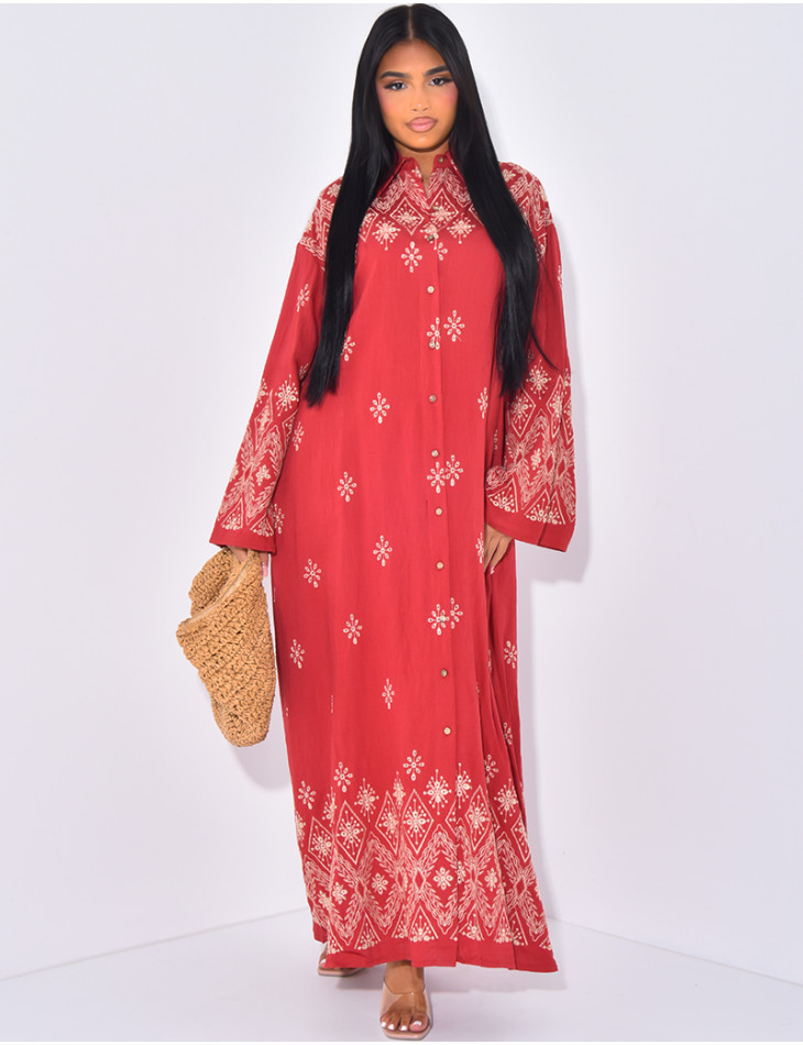 Long cotton shirt dress with embroidery