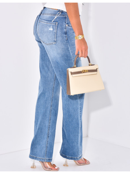 Hoch taillierte, gerade geschnittene Destroyed- und Stretch-Jeans