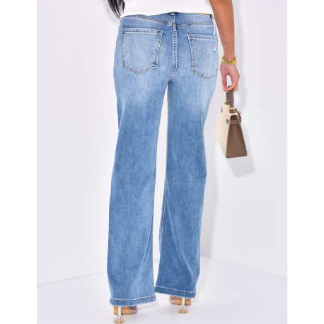 Hoch taillierte, gerade geschnittene Destroyed- und Stretch-Jeans