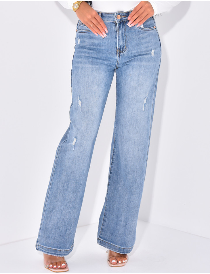 Hoch taillierte, gerade geschnittene Destroyed- und Stretch-Jeans