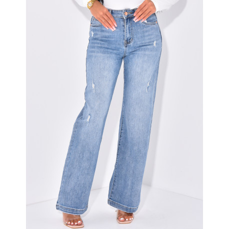 Hoch taillierte, gerade geschnittene Destroyed- und Stretch-Jeans