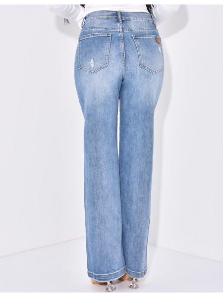High waisted jeans, straight cut, destroyed and stretch