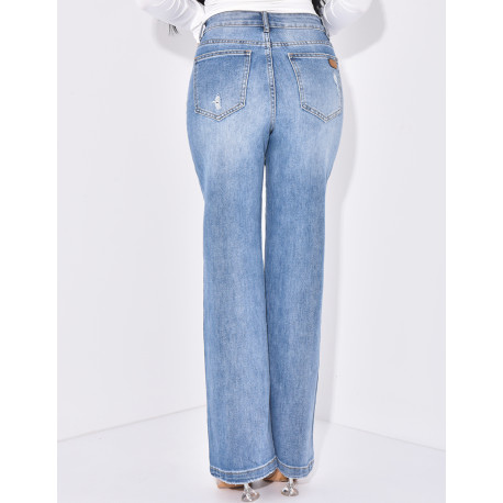 High waisted jeans, straight cut, destroyed and stretch