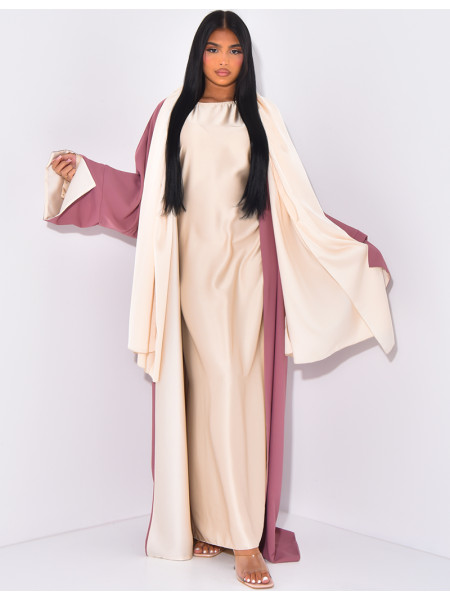 Set aus Schal und Kimono aus reversiblem Satin.