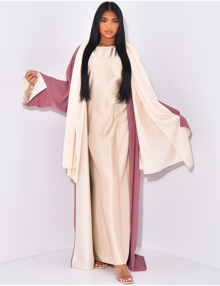 Set aus Schal und Kimono aus reversiblem Satin.