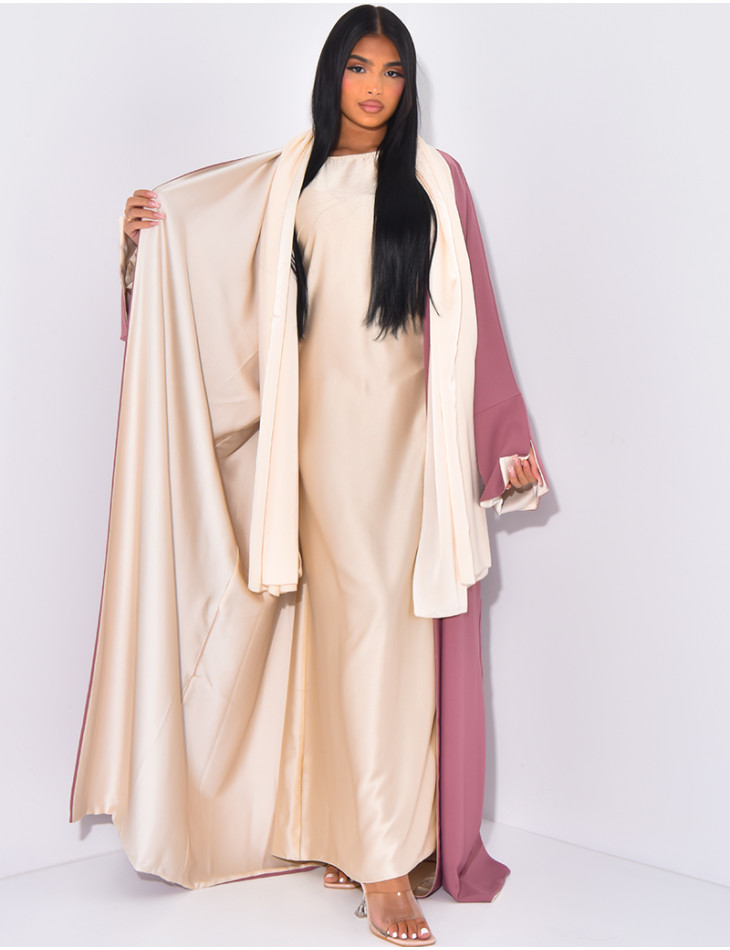 Set aus Schal und Kimono aus reversiblem Satin.