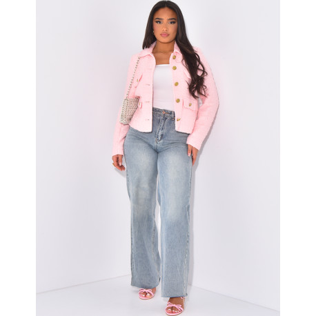 Kleine glänzende Tweedjacke mit goldenen Knöpfen