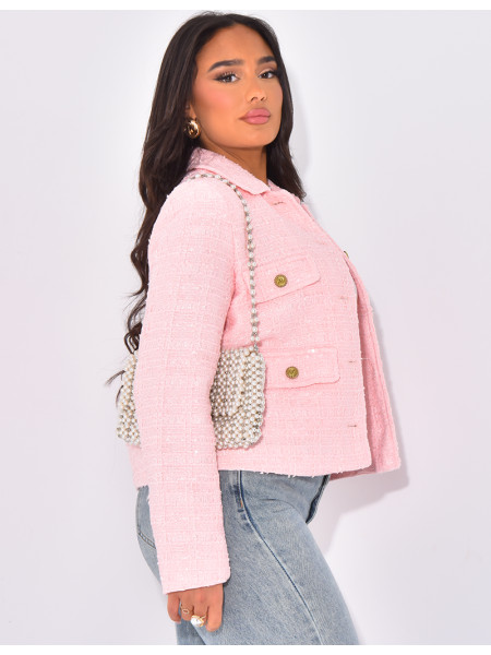 Kleine glänzende Tweedjacke mit goldenen Knöpfen