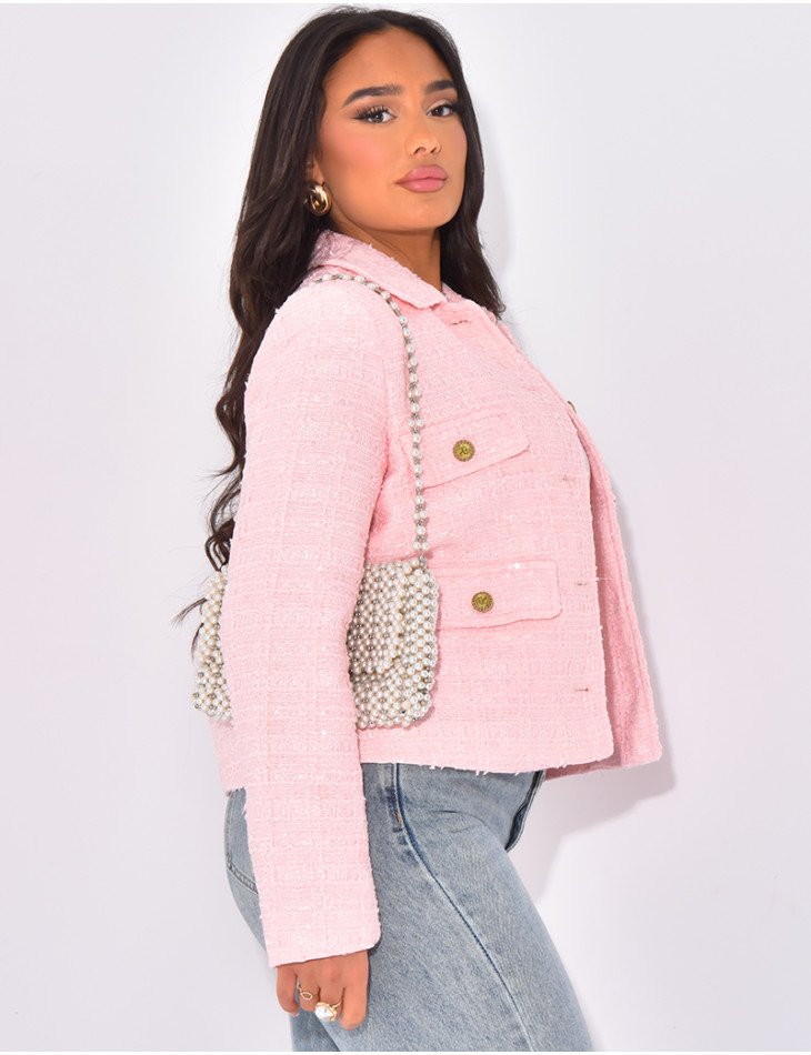 Kleine glänzende Tweedjacke mit goldenen Knöpfen