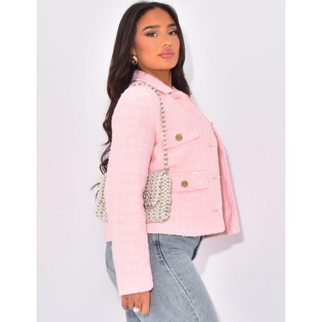 Kleine glänzende Tweedjacke mit goldenen Knöpfen