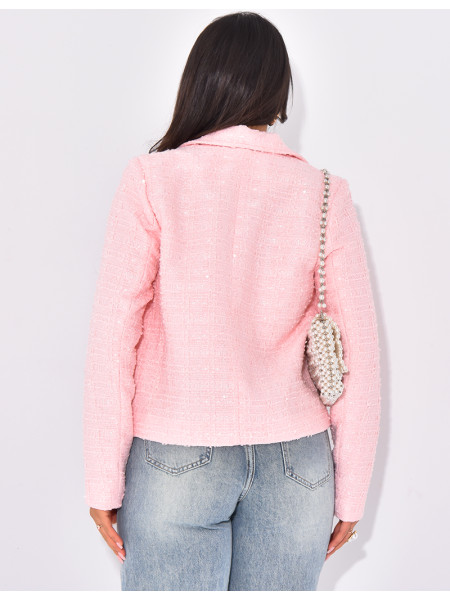 Kleine glänzende Tweedjacke mit goldenen Knöpfen