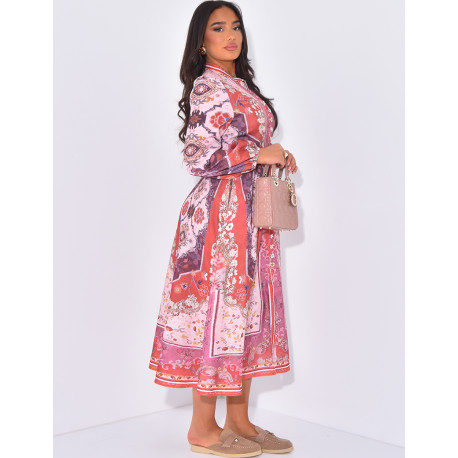 Robe longue imprimée à boutons et ceinture