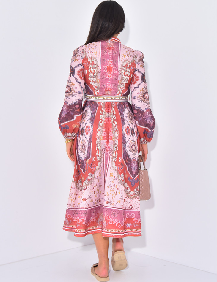 Robe longue imprimée à boutons et ceinture