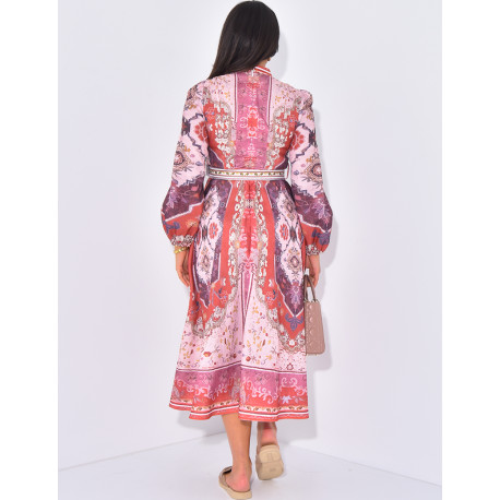 Robe longue imprimée à boutons et ceinture