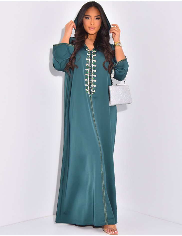 Premium satin abaya with hand embroidered crystals with hood
