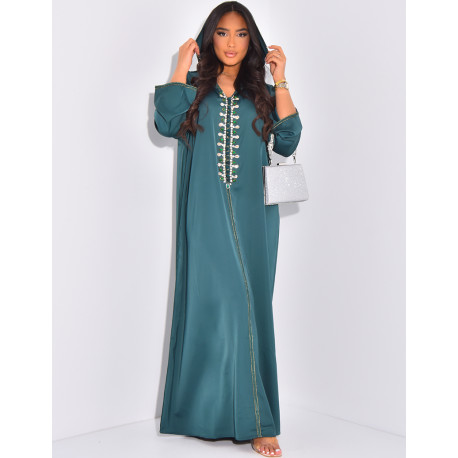 Premium satin abaya with hand embroidered crystals with hood
