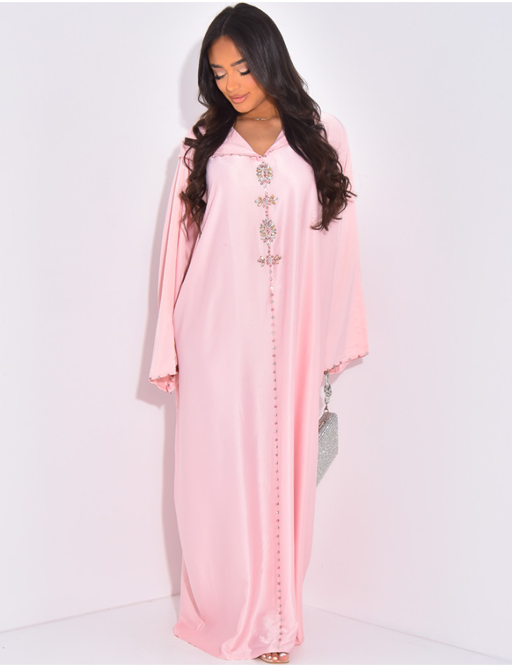Hochwertige, handbestickte Abaya aus Kristallsatin mit Kapuze