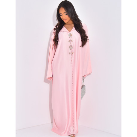 Hochwertige, handbestickte Abaya aus Kristallsatin mit Kapuze