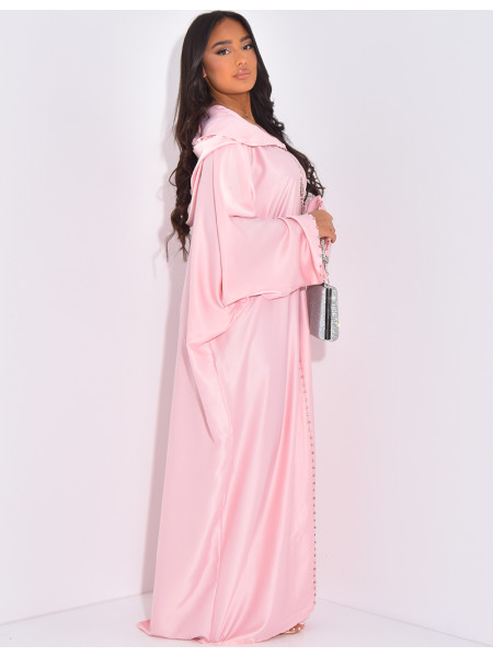 Hochwertige, handbestickte Abaya aus Kristallsatin mit Kapuze
